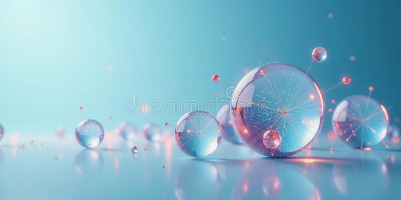 Abstract representation of interconnected glass spheres with internal radiating lines and small glowing particles on a light blue stock illustration