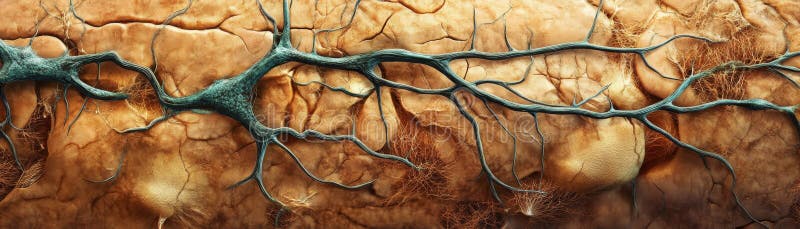 Abstract representation of neural pathways, showcasing intricate networks and textures that resemble a biological structure stock illustration