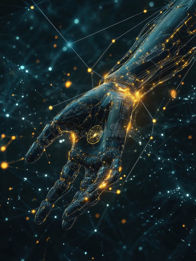 An abstract representation of a prosthetic arm visually linked to the brain by glowing neural signals in a dark, digital royalty free stock photo