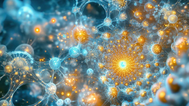 Abstract representation of quantum life origins with glowing particles and connections royalty free illustration
