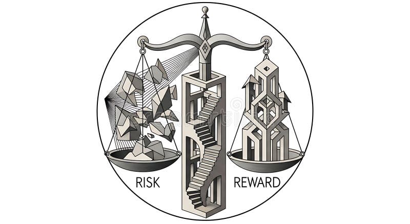 This conceptual illustration depicts a set of scales, symbolizing the balance between risk and reward. On one side, abstract geometric shapes representing risk are shown in a chaotic cluster, while the other side features an organized, architectural structure symbolizing reward. A central staircase connects these two elements, suggesting the journey or process involved in achieving reward through. Risk reward balance illustration illustrations