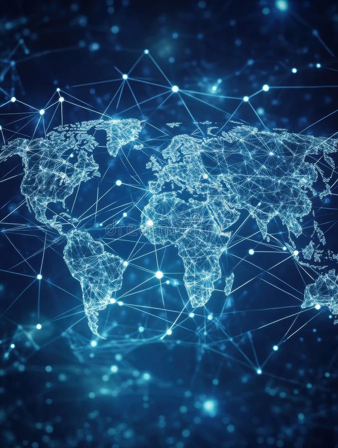 Abstract representation of a world map with network nodes on a blue tech background royalty free illustration