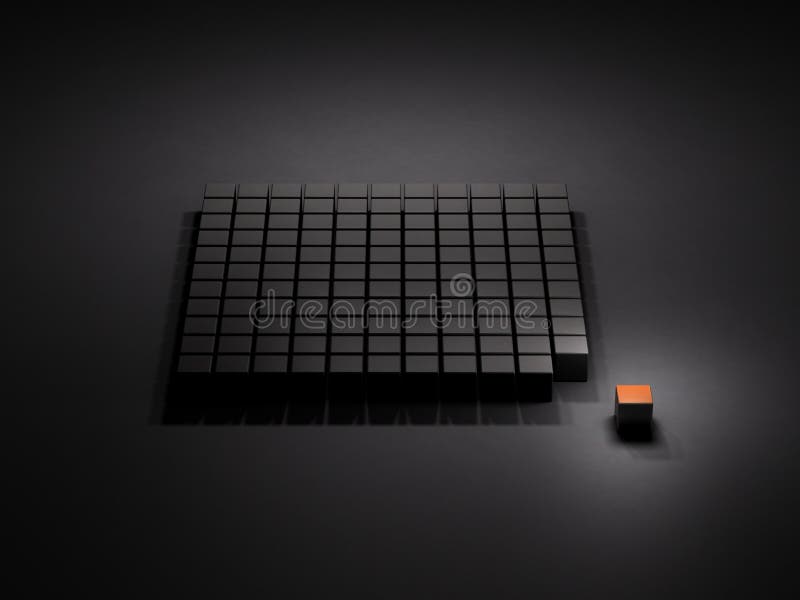 An abstract representing expulsion. Dark background. 3D illustration. A collection of many blocks and a single block.