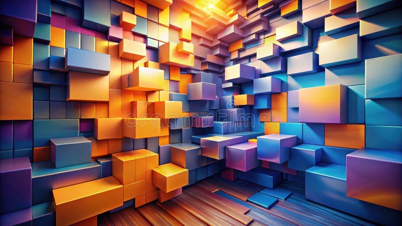 Abstract room of vibrant cubes and wooden floor, showing a dynamic composition of geometric shapes and warm lighting. Generative royalty free illustration