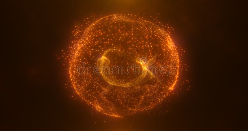 Abstract round yellow orange sphere light bright glowing from energy rays and magic waves from particles and dots, abstract