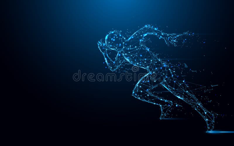 Abstract running man form lines and triangles, point connecting network on blue background royalty free illustration