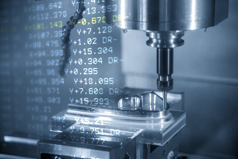 The abstract scene of 3-axis CNC machining centre and the G-code data cutting the injection mold part. vector illustration.