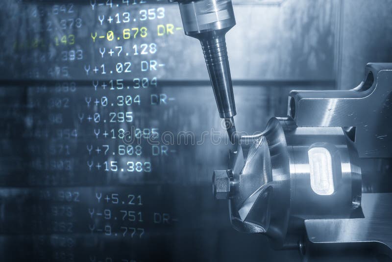 Abstract scene the 5-axis CNC milling machine cutting the automotive part and G-code data background royalty free stock photo