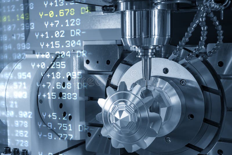 The abstract scene of 5-axis CNC milling machine and G-code data cutting the metal gear parts by solid ball endmill tools. stock images