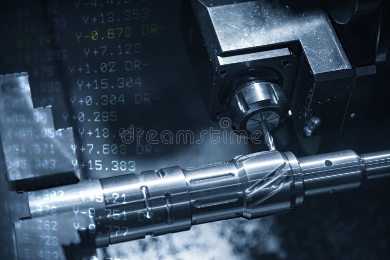 The abstract scene of CNC lathe machine milling the metal shaft and the G-code data background. royalty free stock photo