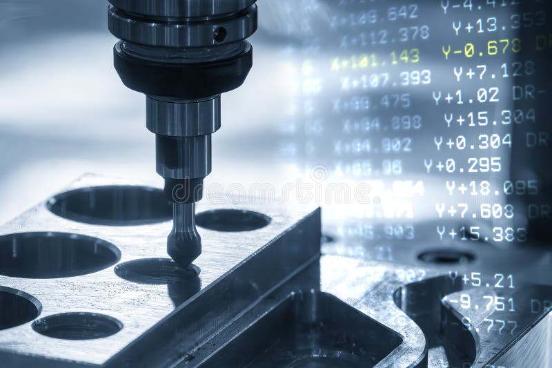 Abstract scene the CNC milling machine chamfer cutting mold base part and G-code data background royalty free stock photo