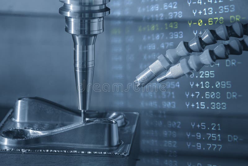 Abstract scene the CNC milling machine cutting press die part and G-code data background royalty free stock images