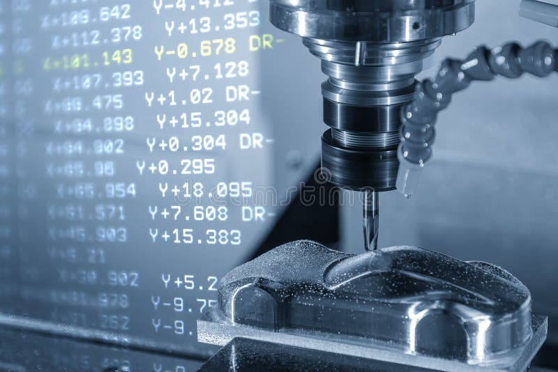 Abstract scene the CNC milling machine cutting press die part and G-code data background royalty free stock photo