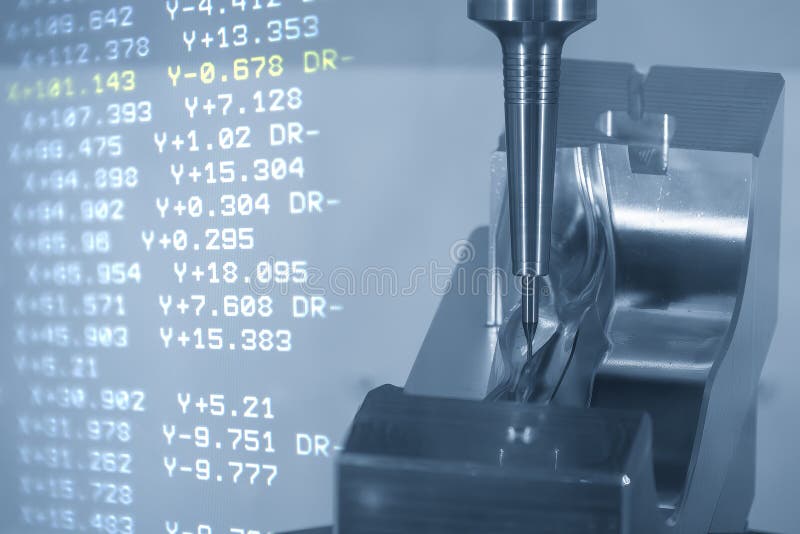 Abstract scene the CNC milling machine finish cut the mold parts and NC data background stock image