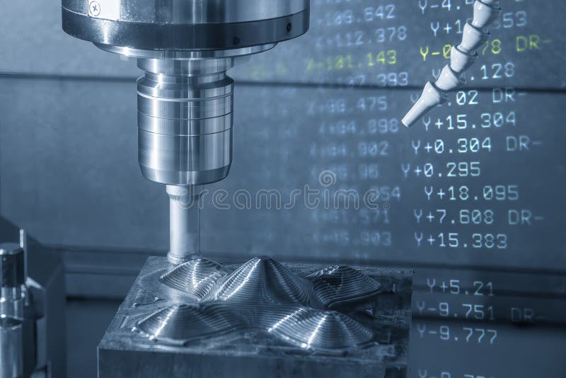 Abstract scene the CNC milling machine rough cutting the injection mold parts and G-code data background stock image
