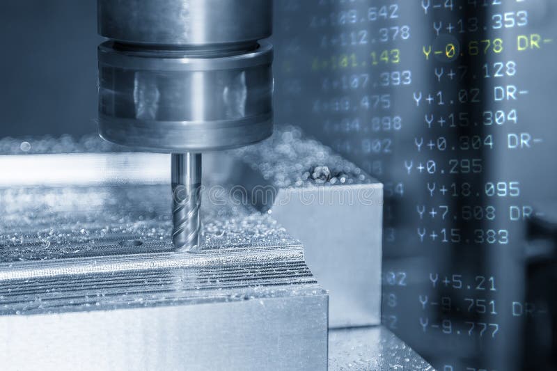 Abstract scene the CNC milling machine rough cutting the metal plate and G-code data background royalty free stock images