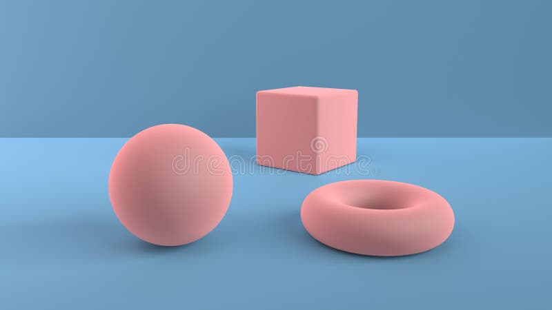 Abstract scene of geometric shapes. Ball, cube and torus light pink. Soft ambient light in a 3D scene with a background of blue. 3 stock illustration Abstract scene of geometric shapes. Ball, cube and torus light pink. Soft ambient light in a 3D scene with a background of blue. 3 stock illustration