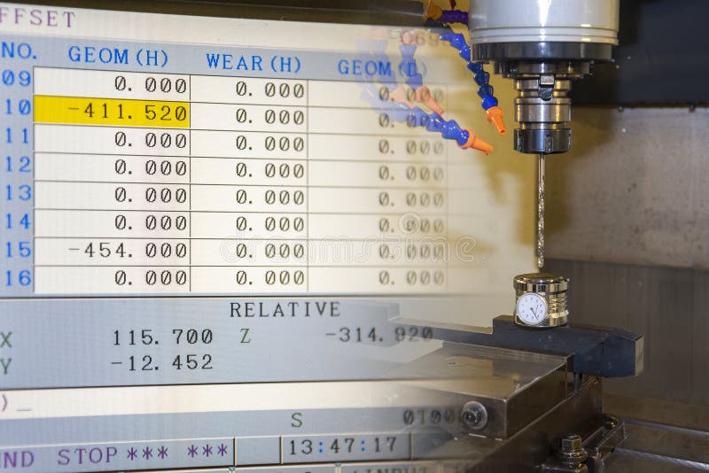 The abstract scene the tool length measurement and tool length offset table monitor of CNC machine. The cutting tool length measurement for machining center manufacturing process