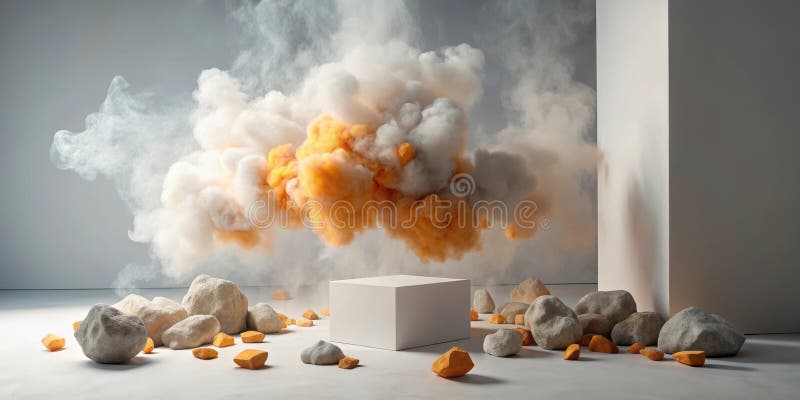 Abstract scene of a white cube amidst grey stones and a vibrant orange and white smoke cloud. Generative AI vector illustration