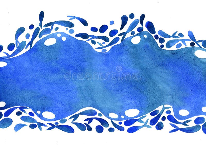 Abstract school of fish swimming in marine blue frame watercolor hand painting backgroun