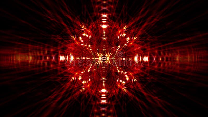 Abstract sci-fi tunnel transformer with glowing neon red orange gold electronic light rotate. 4k looped high-tech background.