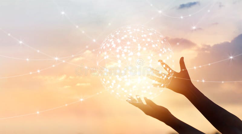 Abstract science, circle global network connection in hands stock images
