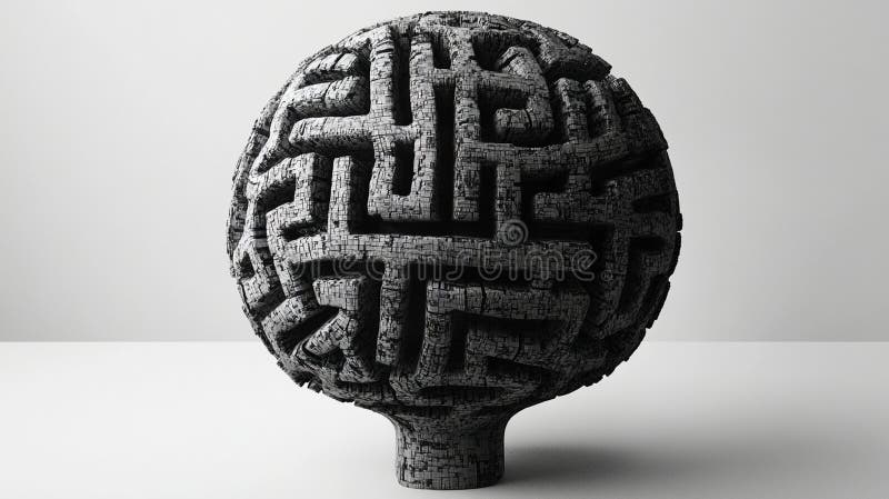This abstract sculpture features spherical design with intricate maze like patterns, showcasing unique blend of art and geometry. vector illustration