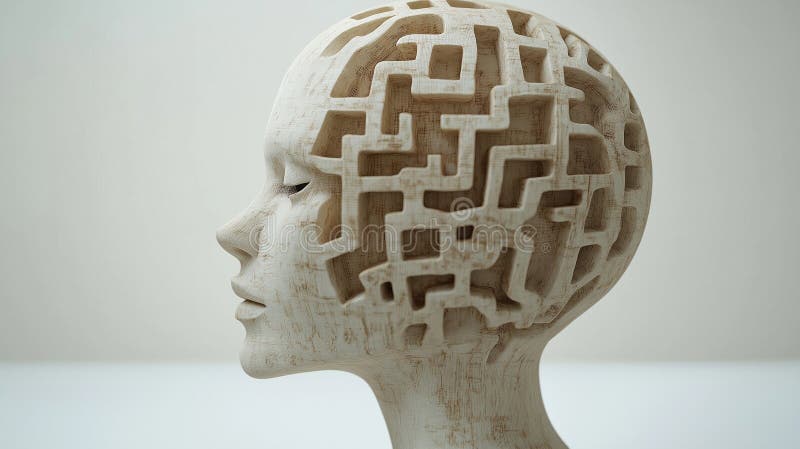 Abstract sculpture of head. Intricate maze design inside head. Complex thoughts, confusion. Elegant design element. Art piece vector illustration