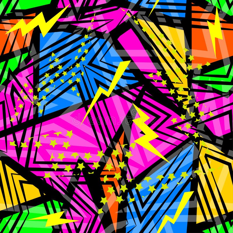 Abstract seamless chaotic pattern with urban geometric elements triangles. Grunge neon texture background. royalty free illustration