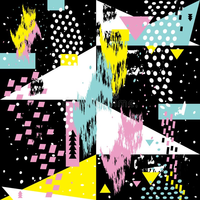 Abstract seamless chaotic pattern withs geometric elements memphis cards. royalty free illustration