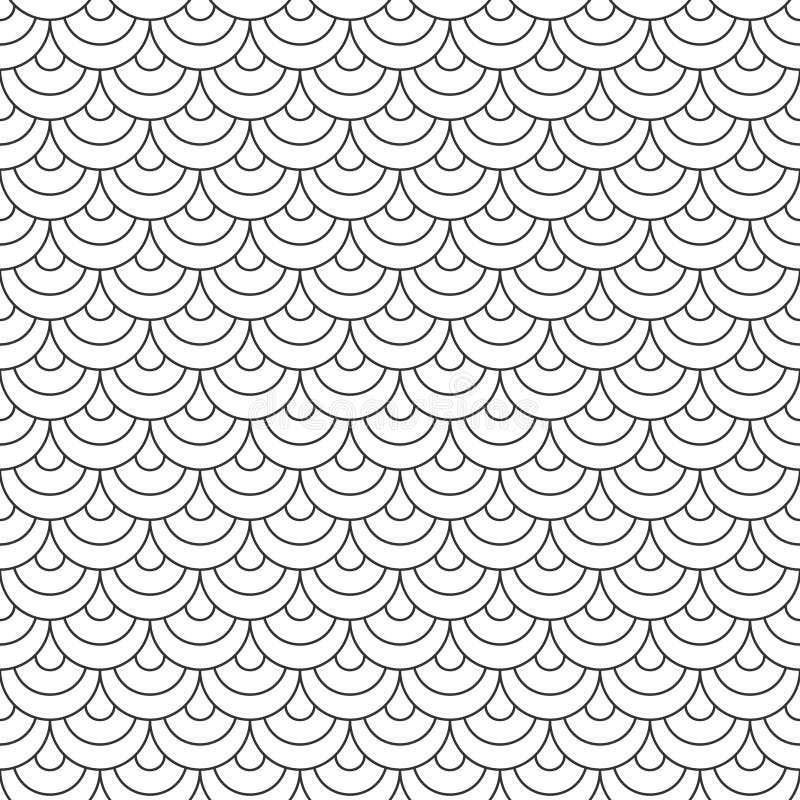 Abstract seamless fish scale pattern, black and white tile roof. Design geometric texture for print. Linear style, vector