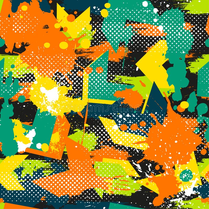Abstract seamless geometric pattern with geometric shapes, dots, colorful spray paint ink. Grunge urban pattern.