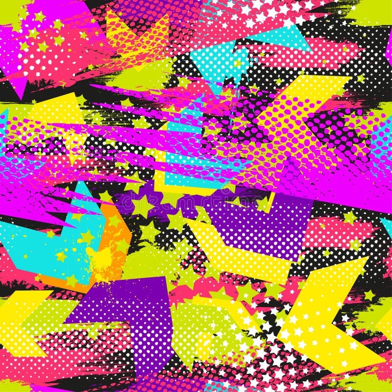 Abstract seamless geometric pattern with geometric shapes, dots, colorful spray paint ink. Grunge urban pattern. vector illustration