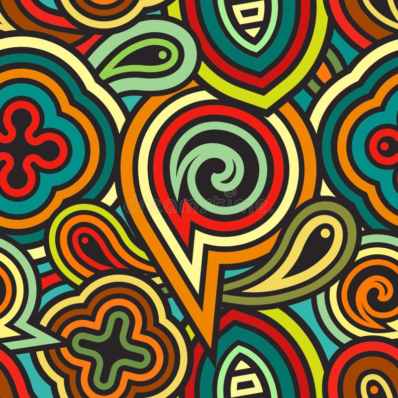 Abstract seamless geometric pattern: mix of stripes and shapes in retro style stock illustration