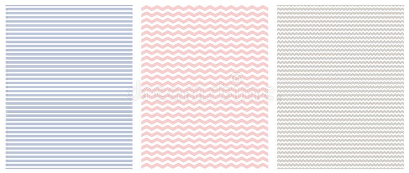 Abstract Seamless Geometric Patterns with White Stripes and Chevron on a Pink, Blue and Gray Background.