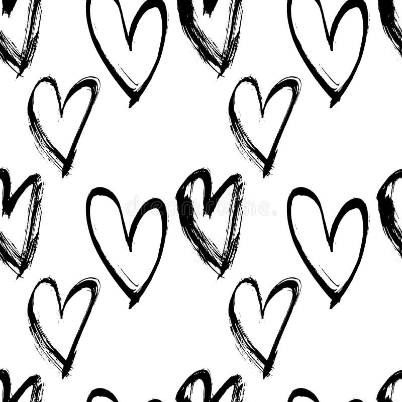 Abstract Seamless Heart Pattern. Ink Illustration. Black And White Vector Background. Stock