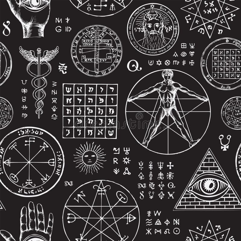 Seamless Pattern With Devil And Alchemy Signs, Magic Seals On