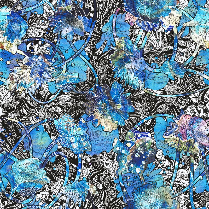 Abstract seamless pattern with blue flowers