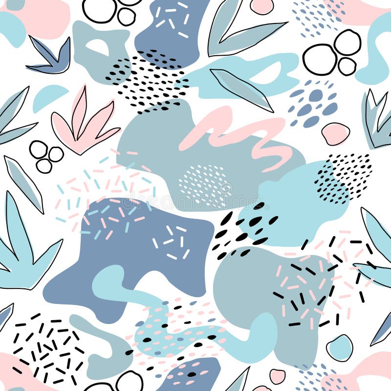 Abstract seamless pattern with chaotic painted elements. Vector Hand drawn texture with different lines, dots and shapes. Creative universal artistic Fun background in Scandinavian style. Vector abstract seamless pattern vectors
