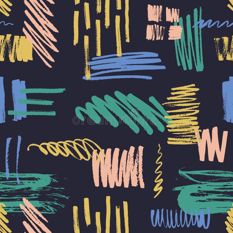 Abstract seamless pattern with colorful scribble, daub, paint traces and brush strokes on black background. Creative royalty free illustration