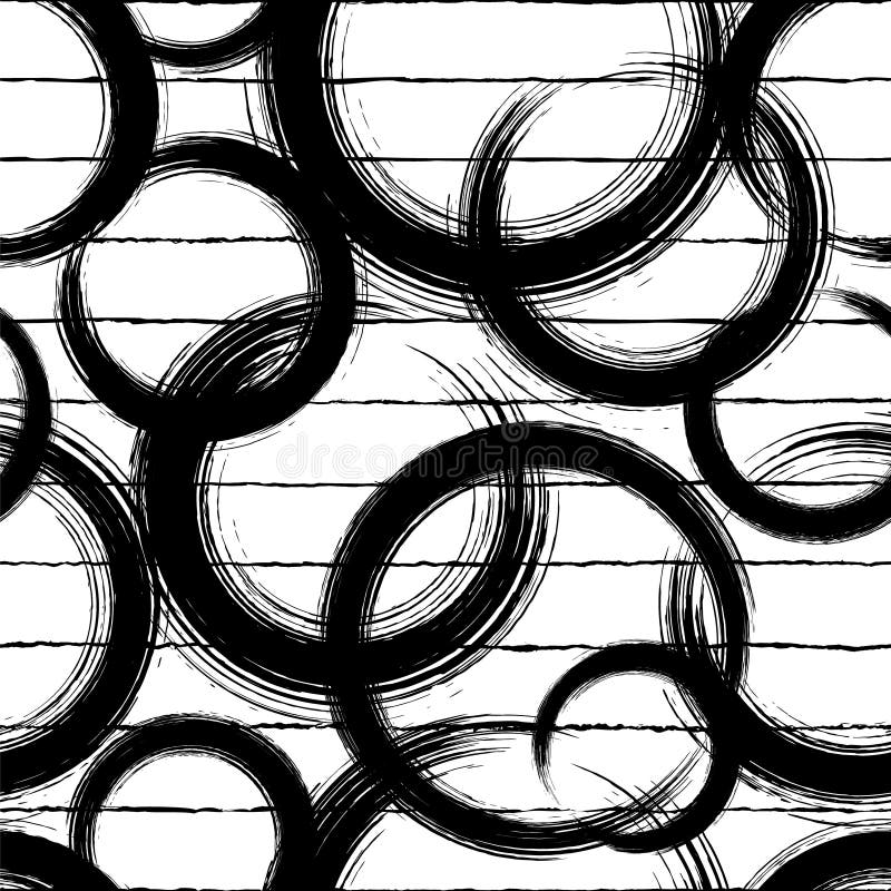 Abstract seamless pattern. Repeat brush strokes backdrop. Repeated black circle on white background. Grunge line texture. Repeatin vector illustration