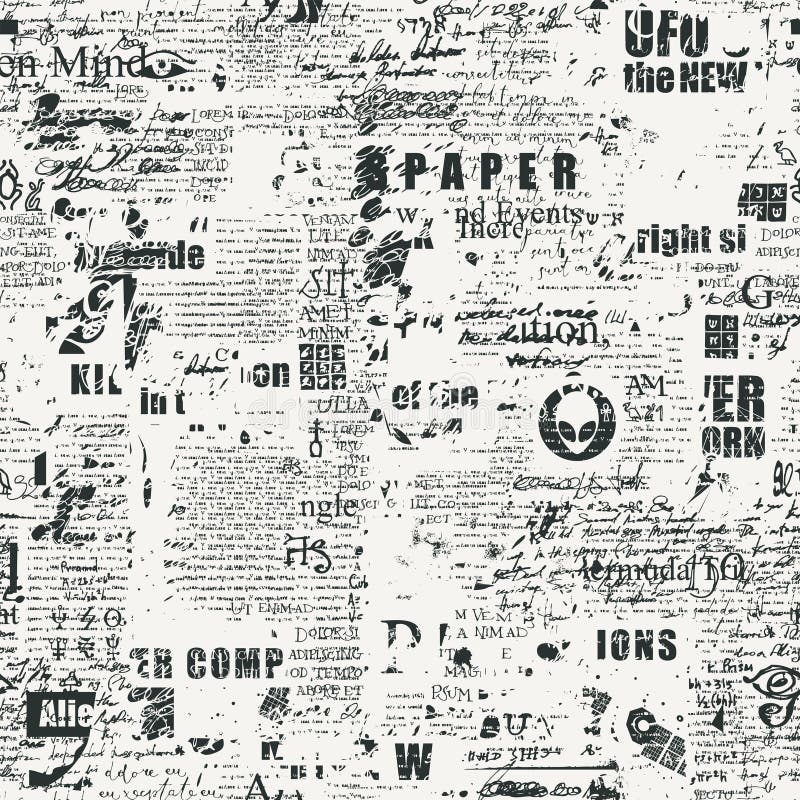 Abstract seamless pattern with scribbles and text. Abstract seamless pattern with fragments of handwritten scribbles, typescript and newspaper headlines. Monochrome vector background, wallpaper, wrapping paper or fabric in grunge style