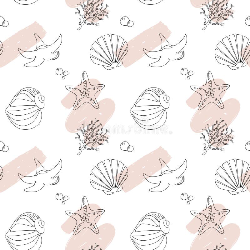 Abstract seamless pattern of sea shells and starfishes and underwater animals. Elegance outline seashells scallop and