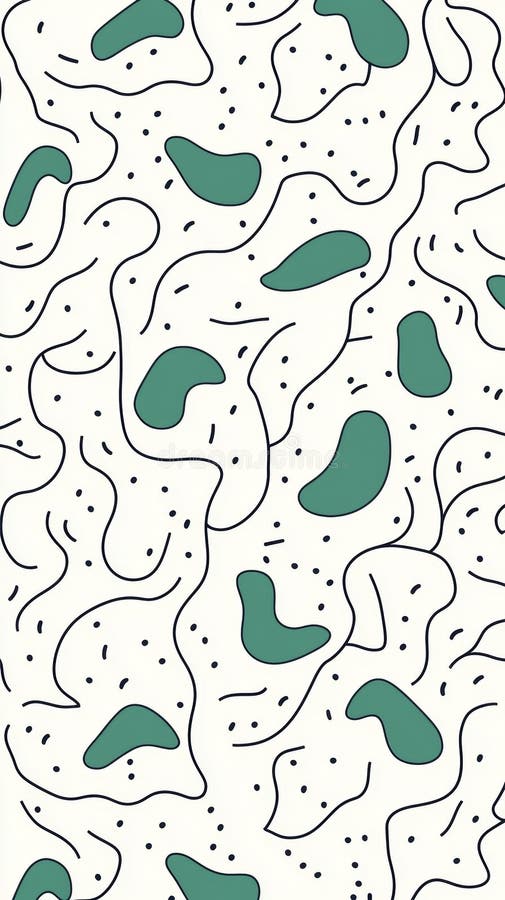 Abstract seamless pattern showcasing vibrant green blobs intertwined with bold black lines and scattered small black dots stock images