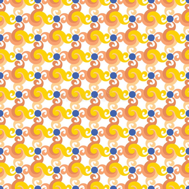 Abstract seamless pattern with swirls or twist, leaves and blue dots. stock illustration