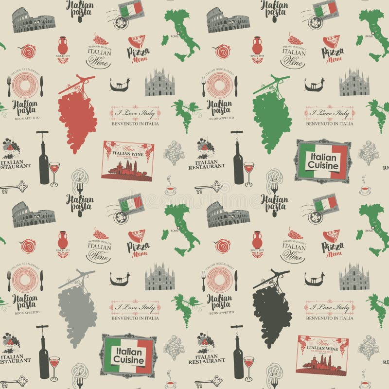 Vector abstract seamless pattern on the theme of Italy with Italian symbols, architectural landmarks and a map in the colors of the Italian flag on the background of handwriting text in retro style. Vector abstract seamless pattern vectors