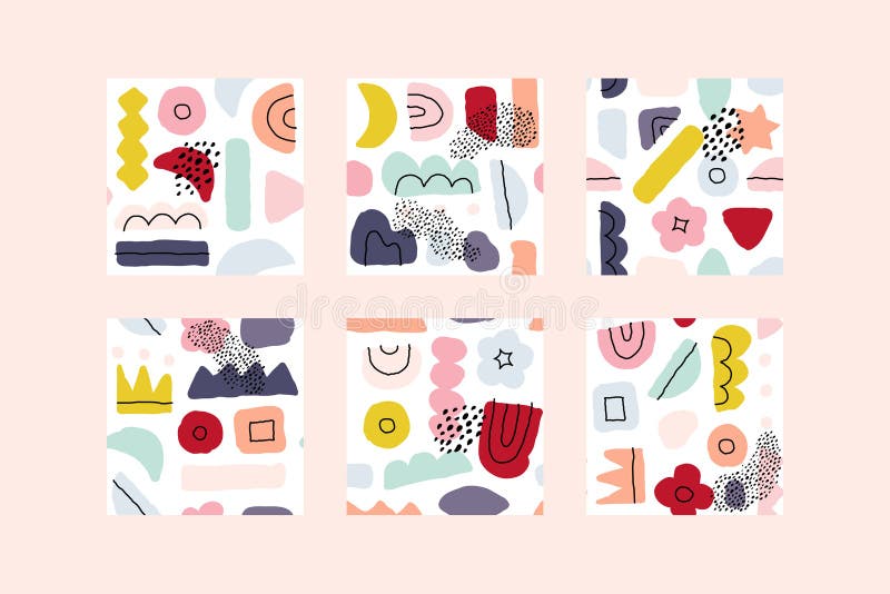 Abstract seamless patterns with hand drawn doodle objects and various organic shapes. Contemporary multicolored vector design royalty free illustration