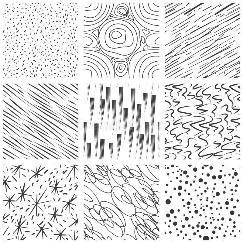 Abstract seamless texture patterns. Simple lined and splatter paint splashes black drop vector pattern set. Seamless background with stroke marker illustration