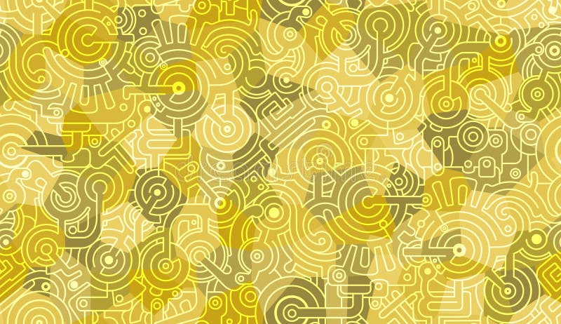 Abstract seamless vector pattern. Background texture. Mechanic, technical motif. Bolts, gears, cogs.  Yellow, military green and w