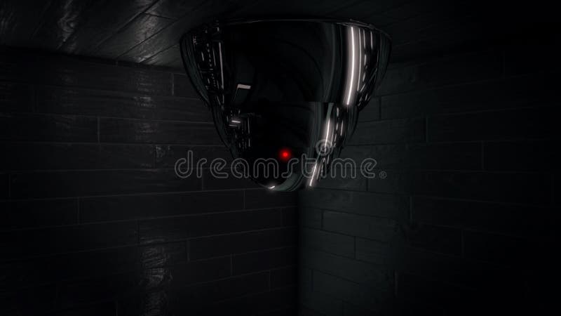 Abstract Security Camera with Red Indicator Placed on the Ceiling in